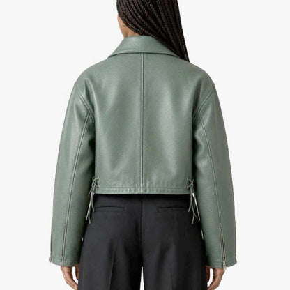 Cropped sage green leather jacket with fold-over collar