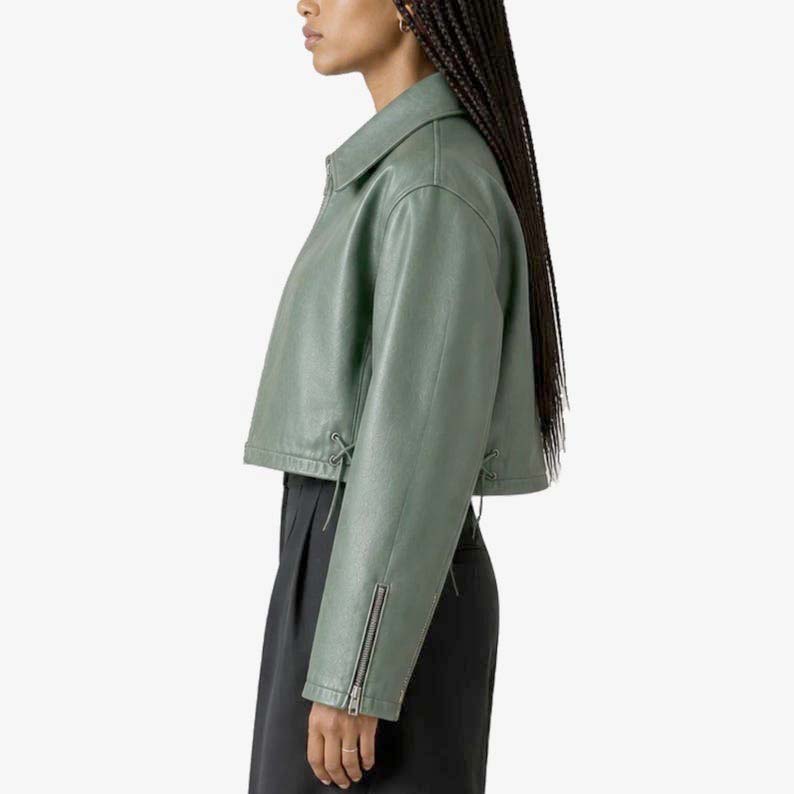 Women’s sage green streetwear jacket with YKK zipper