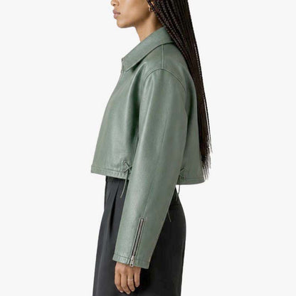 Women’s sage green streetwear jacket with YKK zipper