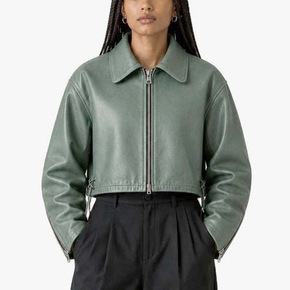 Women’s sage green cropped genuine sheep leather jacket