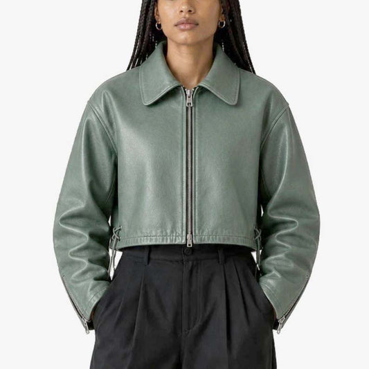 Women’s sage green cropped genuine sheep leather jacket
