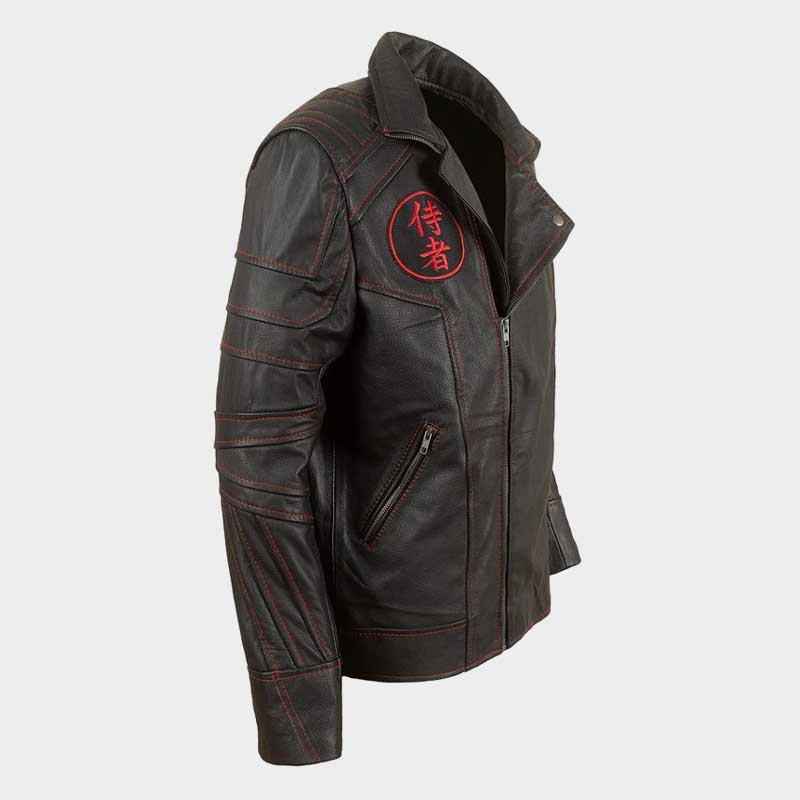 Premium biker jacket with red contrast stitching, asymmetrical zip and reinforced paneling