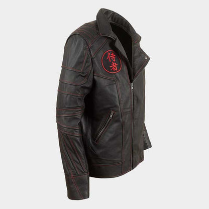 Premium biker jacket with red contrast stitching, asymmetrical zip and reinforced paneling