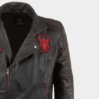 Japanese warrior culture biker jacket in black leather with red shoulder panel details