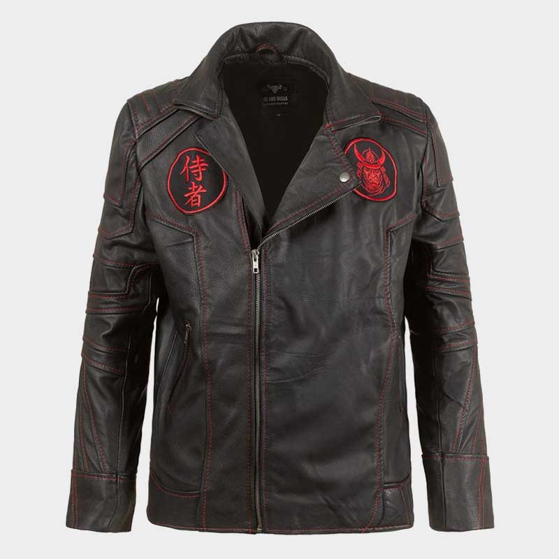 Samurai Spirit leather biker jacket with bold red stitching and Japanese warrior embroidered patches