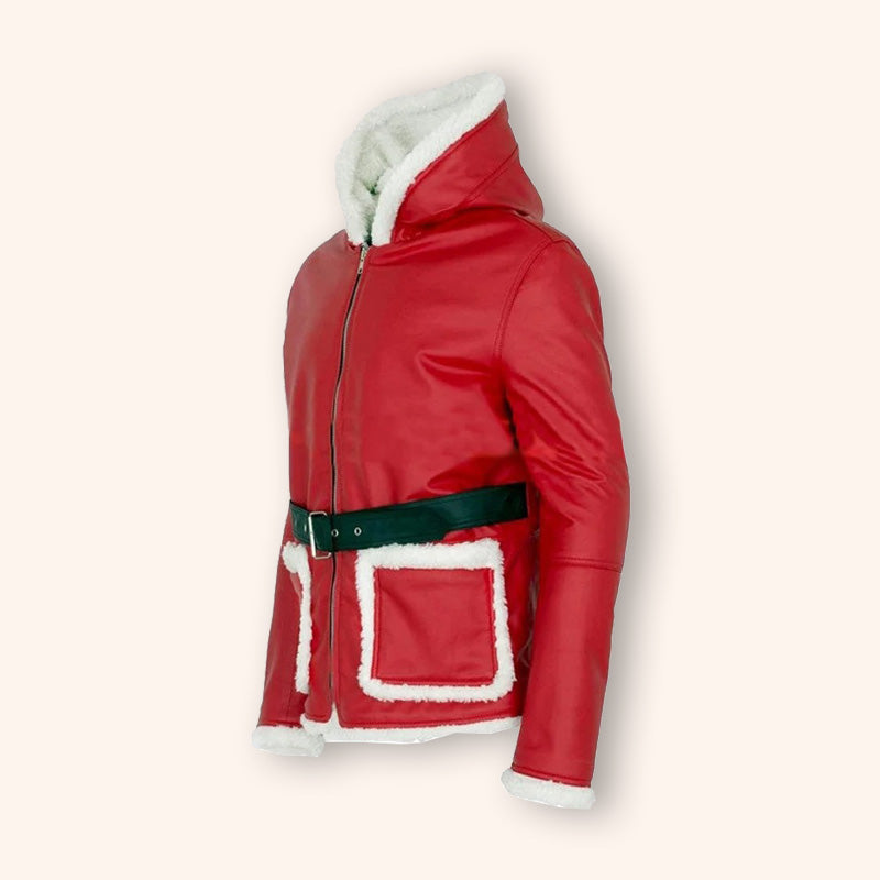 Santa Claus Hooded Red Leather Coat with Fur Trim - Christmas Edition