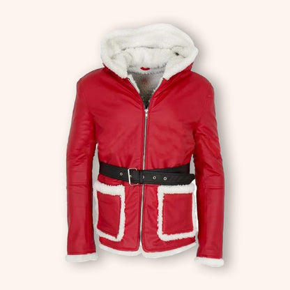 Santa Claus Hooded Red Leather Coat with Fur Trim - Christmas Edition