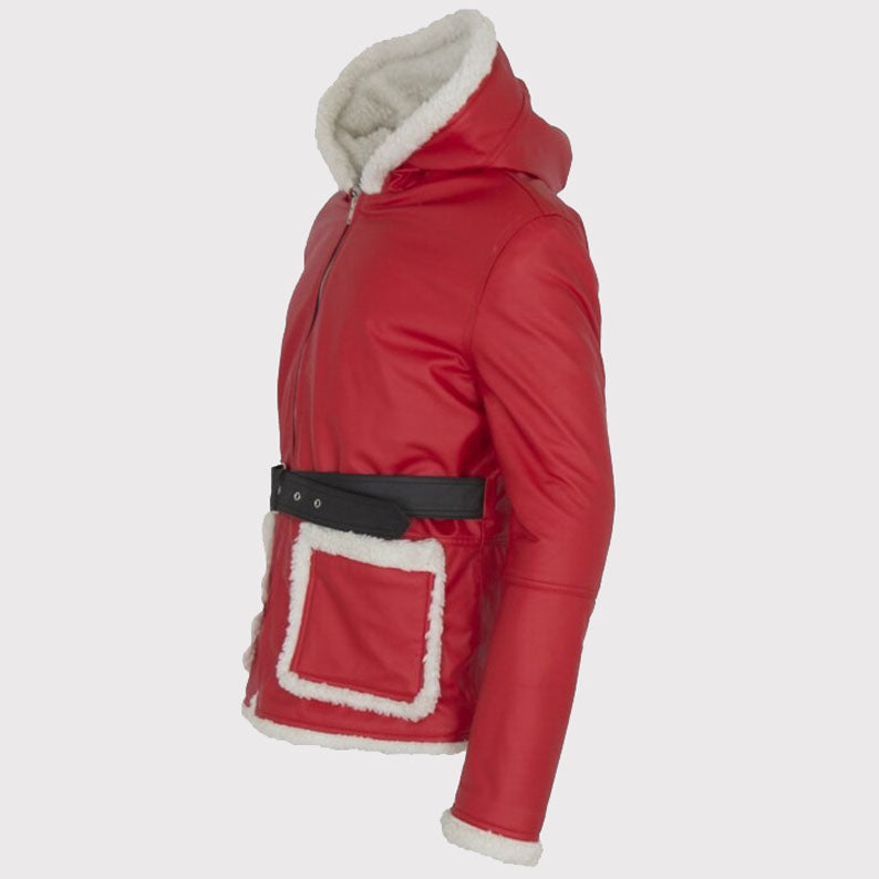 Santa Claus Red Hooded Leather Jacket - Perfect Christmas Gift for Him