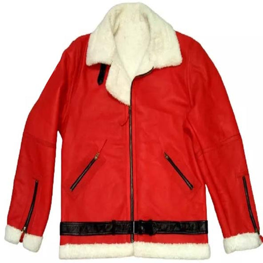 Santa Claus Sheepskin Leather Christmas Bomber Jacket