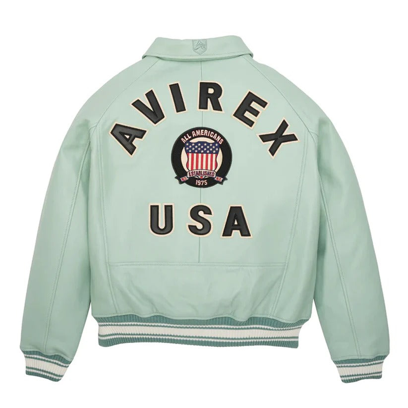 Seafoam Icon Bomber Avirex Letterman Leather Jacket