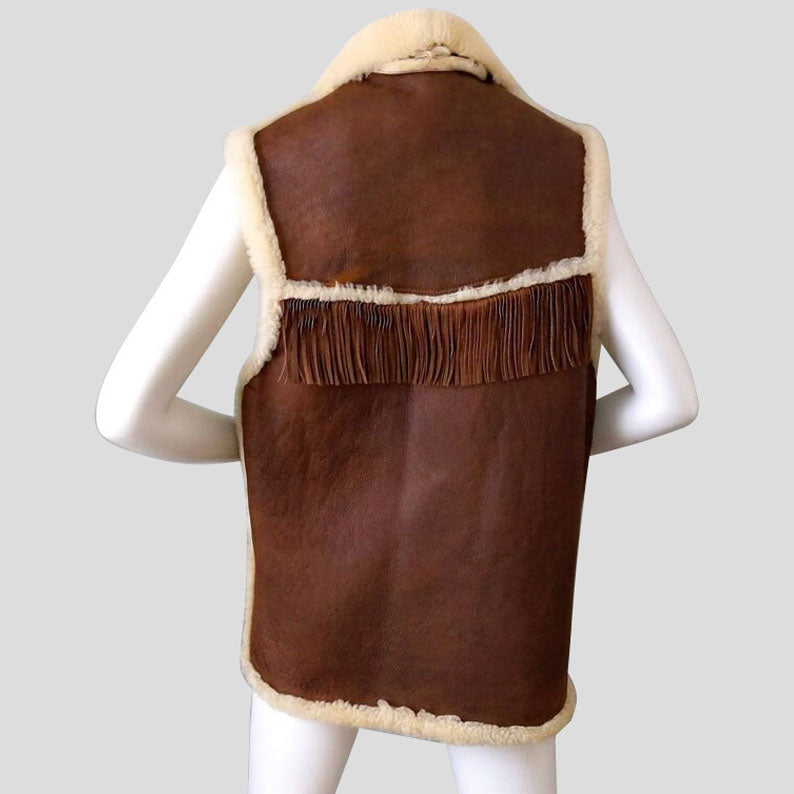 Boho Chic Brown Shearling Fringe Leather Vest