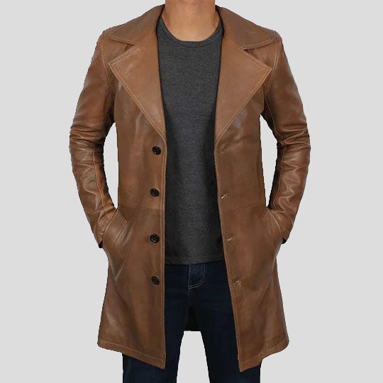 Men's Distressed Brown Car Leather Trench Coat