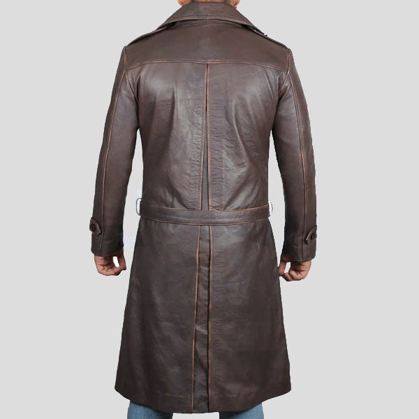 Men's Distressed Brown Long Leather Trench Coat