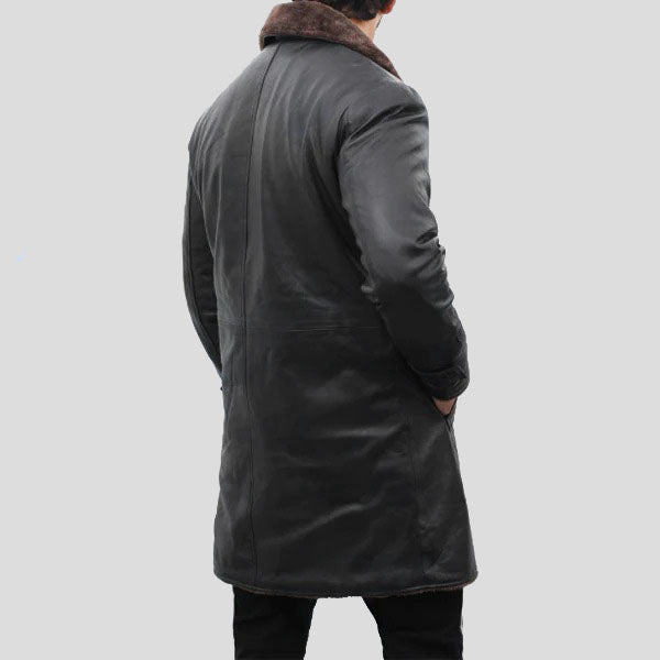 Men's Shearling Lined Black Leather Trench Coat