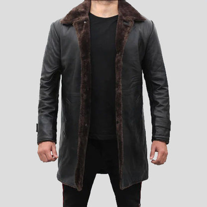 Men's Shearling Lined Black Leather Trench Coat