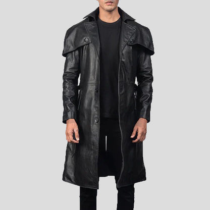 Sleek Black Leather Trench Coat