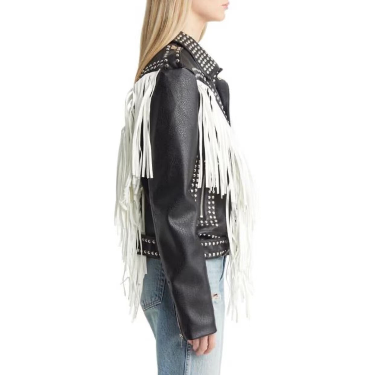 Silver Stud Leather Motorcycle Jacket with White Fringe Trim