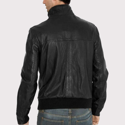 Simple Fitted Black Leather Jacket in Bomber Style for Men