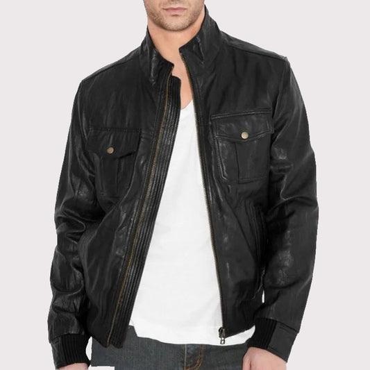 Simple Fitted Black Leather Bomber Jacket