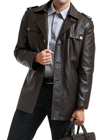 Single Breasted Black Motorcycle Leather Coat for Men