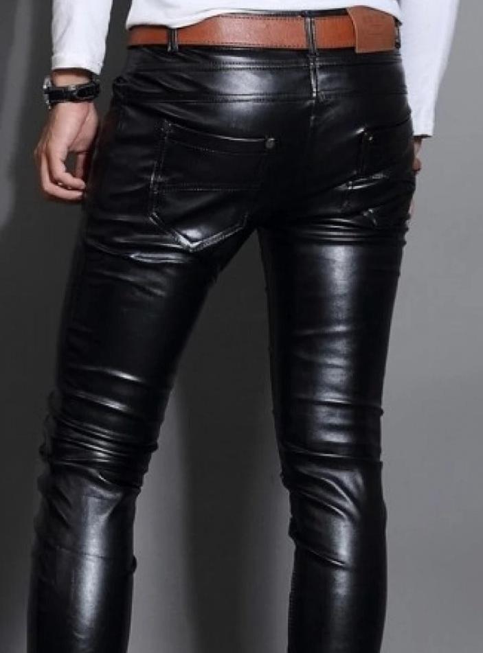 Skin Tight Black Leather Motorcycle Pants for Men