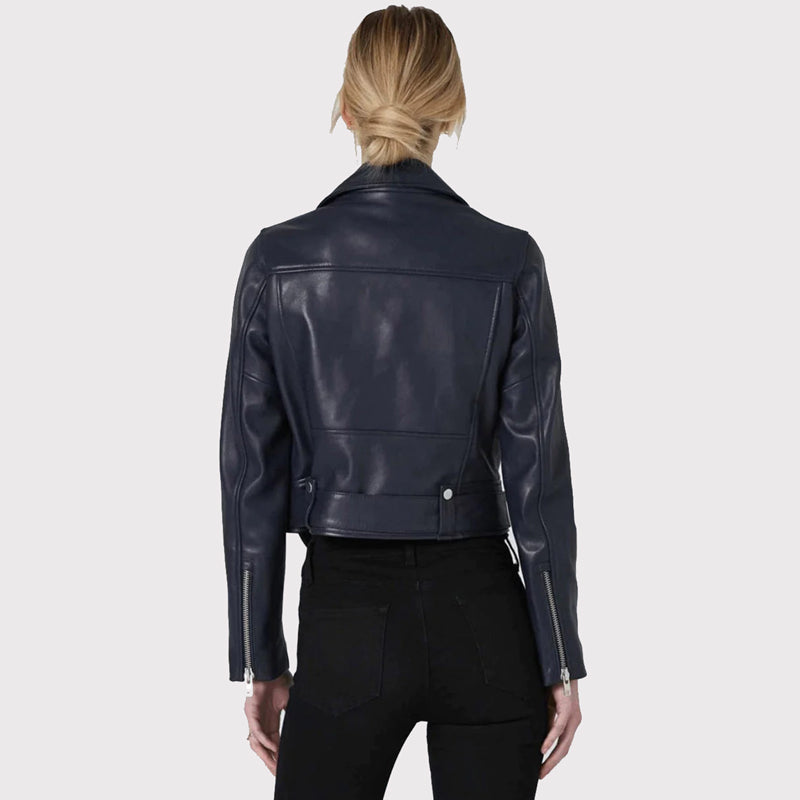 Sleek Women's Blue Leather Biker Jacket