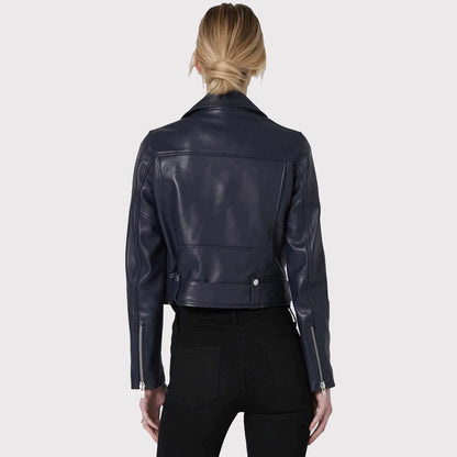 Sleek Women's Blue Leather Biker Jacket