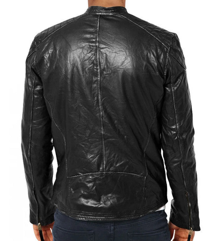 Slim Fit Black Leather Biker Jacket - Men's Motorcycle Jacket