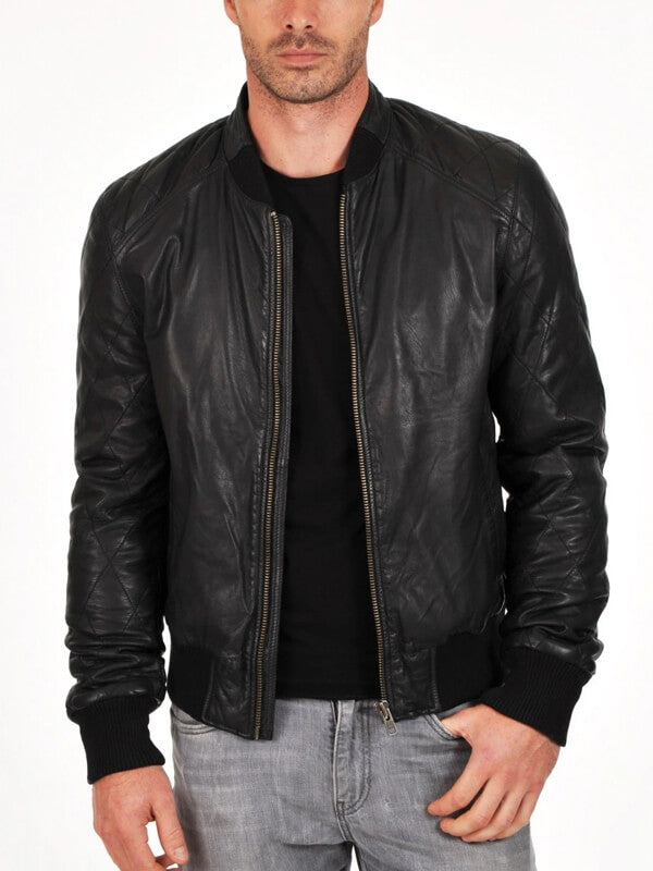 Soft Sheepskin Genuine Quilted Bomber Jacket for Men