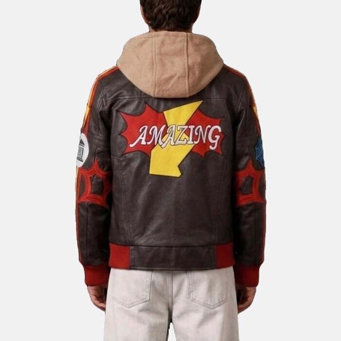 Spider-Man leather jacket with spider-themed embroidery and comic artwork