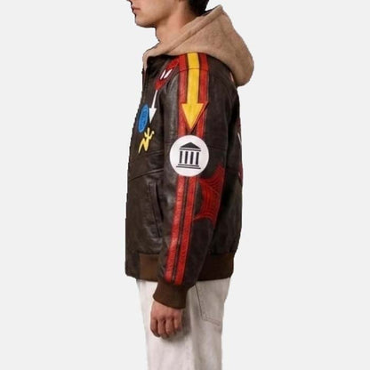 Marvel Rivals inspired photographer leather jacket with embroidered patches and zip closure