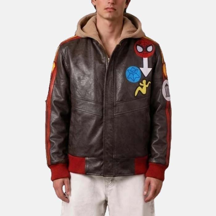 Spider-Man cosplay leather jacket with Marvel Rivals inspired embroidered patches and detachable hood