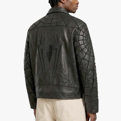 Black superhero leather jacket with large embossed Spider-Man logo