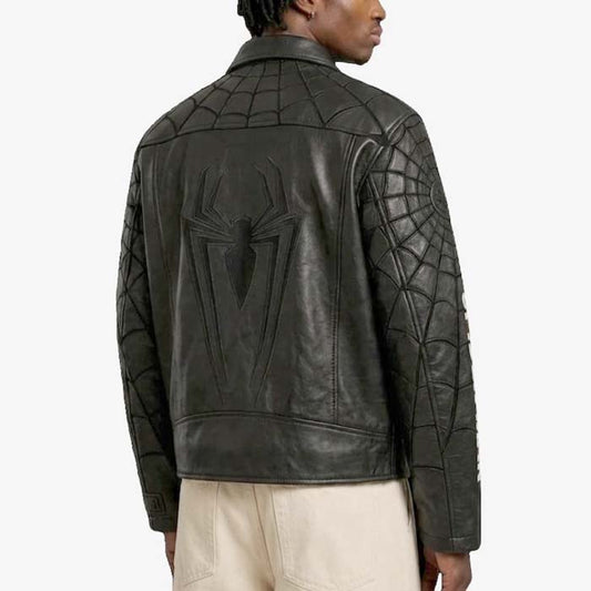 Black superhero leather jacket with large embossed Spider-Man logo