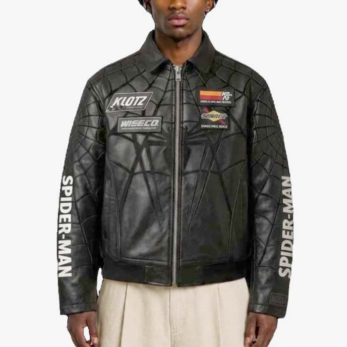 Spider-Man inspired black leather racing jacket with embossed web details