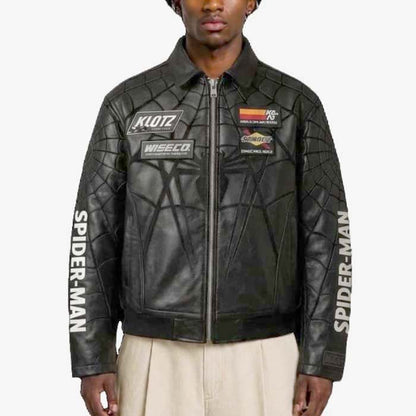 Spider-Man inspired black leather racing jacket with embossed web details