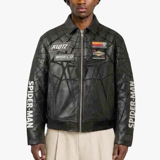 Spider-Man inspired black leather racing jacket with embossed web details