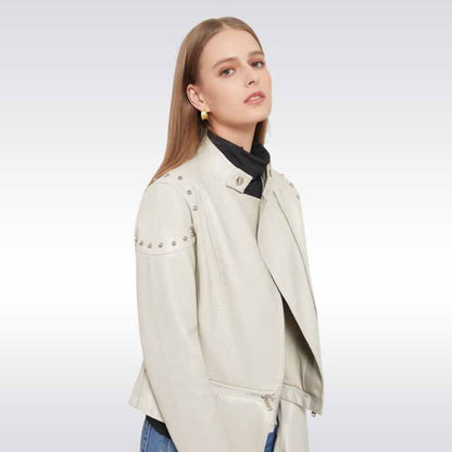 Stand Collar Rivet Leather Jacket - Genuine Zip Style