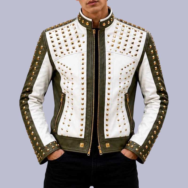 Studded Leather Biker Jacket with Gold Rivet Detailing by Jackets Kingdom