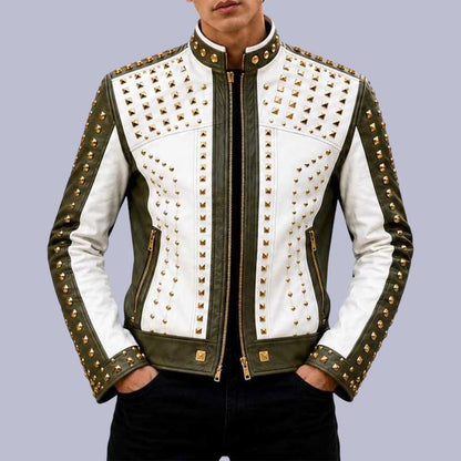 Studded Leather Biker Jacket with Gold Rivet Detailing by Jackets Kingdom