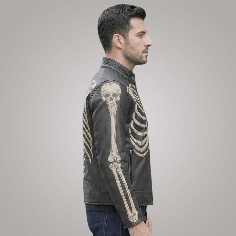 Stylish black leather cafe racer jacket for men with punk inspired artwork