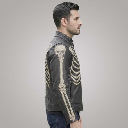 Stylish black leather cafe racer jacket for men with punk inspired artwork
