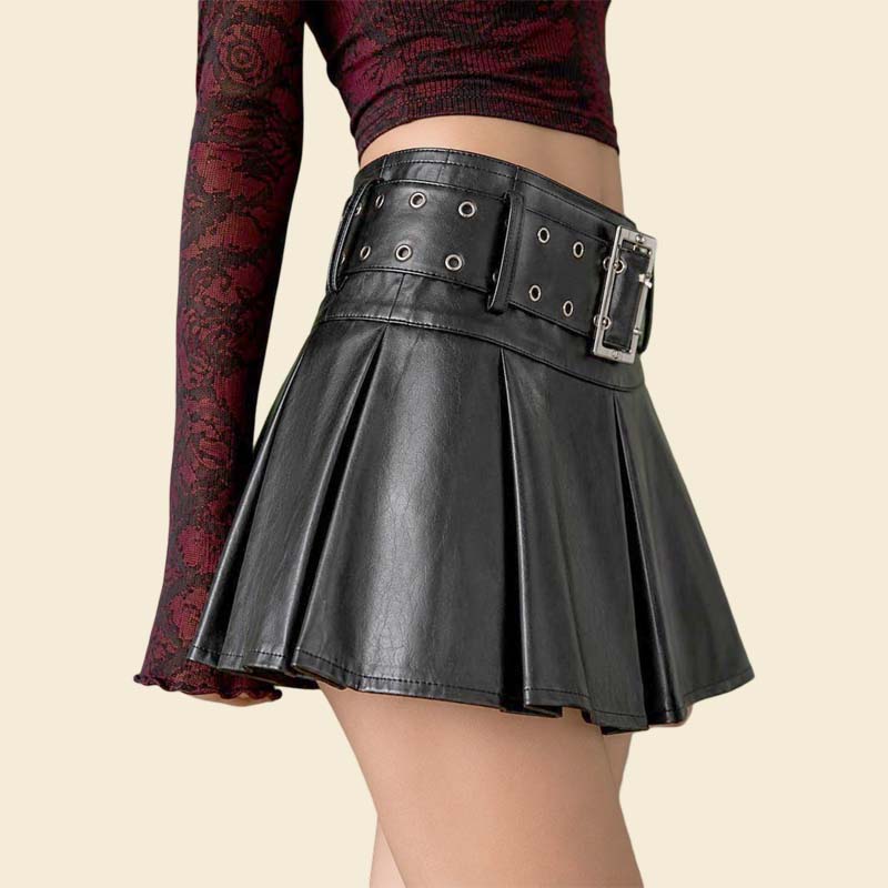 Stylish black faux leather skater skirt with pleated design by Jackets Kingdom