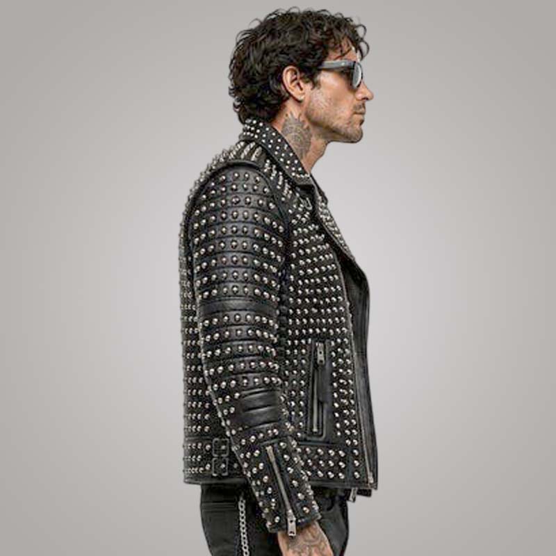 Stylish black genuine leather biker jacket with punk inspired silver stud detailing.