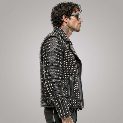 Stylish black genuine leather biker jacket with punk inspired silver stud detailing.