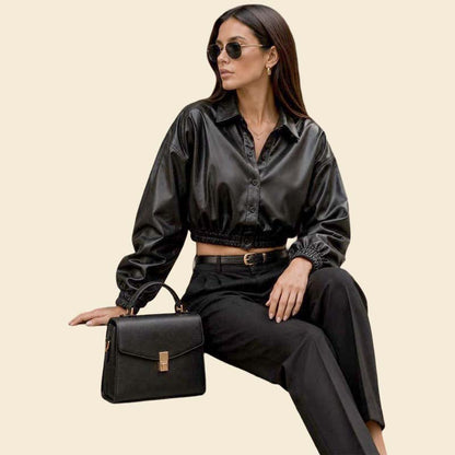Stylish black lambskin cropped leather jacket for women streetwear look by Jackets Kingdom