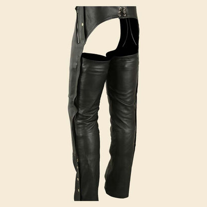 Stylish black leather motorcycle chaps for men with buckle front design by Jackets Kingdom