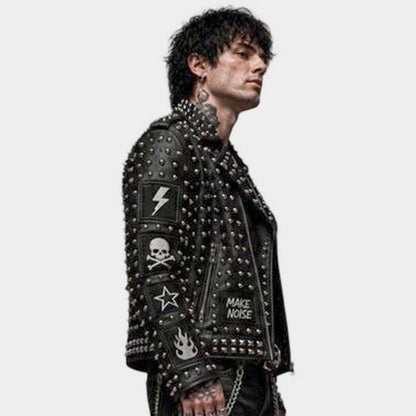 Stylish black spiked moto jacket with silver studs and alternative fashion details by Jackets Kingdom