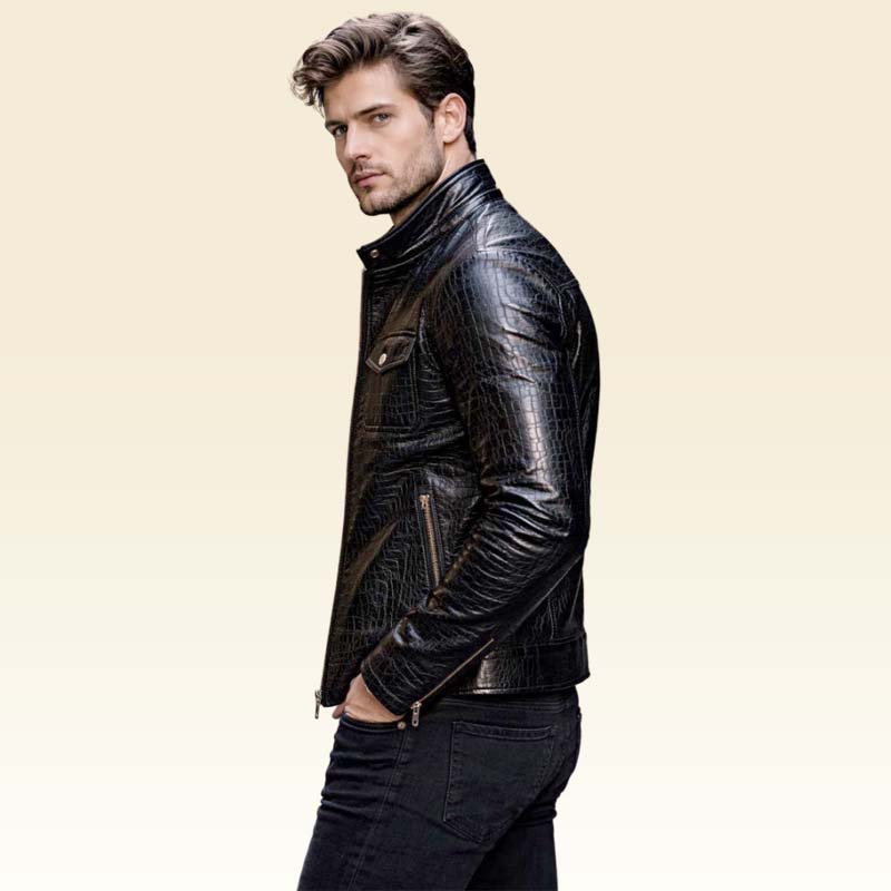 Stylish black textured biker jacket with crocodile embossing by Jackets Kingdom