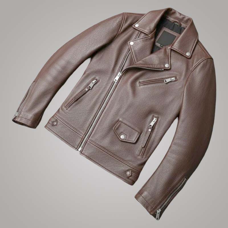 Stylish men brown motorcycle biker jacket with asymmetric zipper by Jackets Kingdom